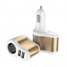 Car Charger 3A 2 USB Plus One Socket Cigarette Lighter for Apple Android Tablets Smartphone - White